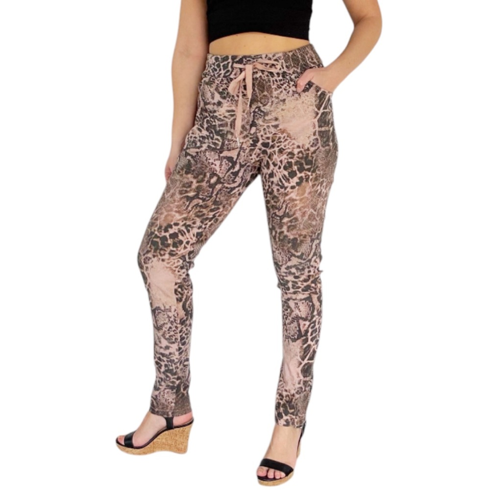 Blush pink Italian made leopard snake print casual tapered ankle pants L/XL